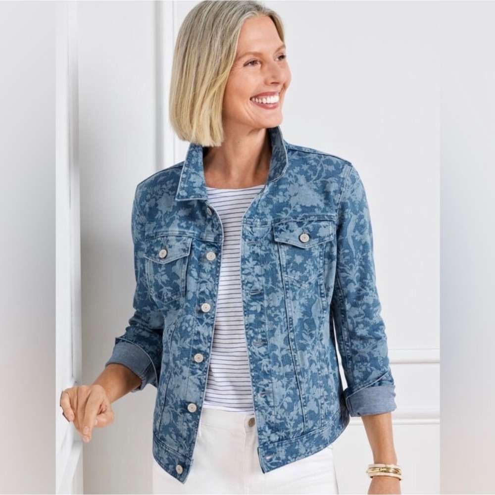 Talbots Denim Jacket Womens XL Blue Floral Damask Print Cotton Stretch Trucker